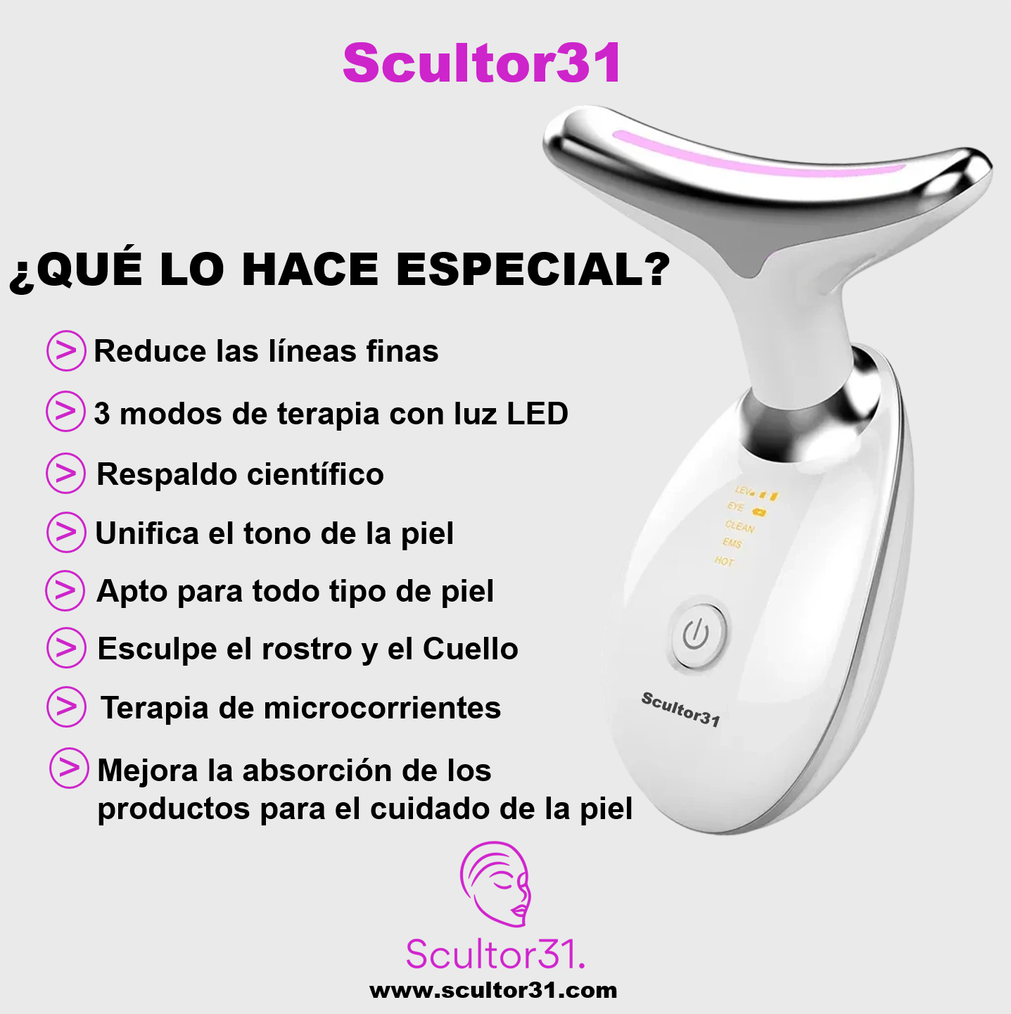 Scultor31™ | Tecnología Anti-Edad: Microcorrientes, Luz LED y Termoterapia para Rostro y Cuello