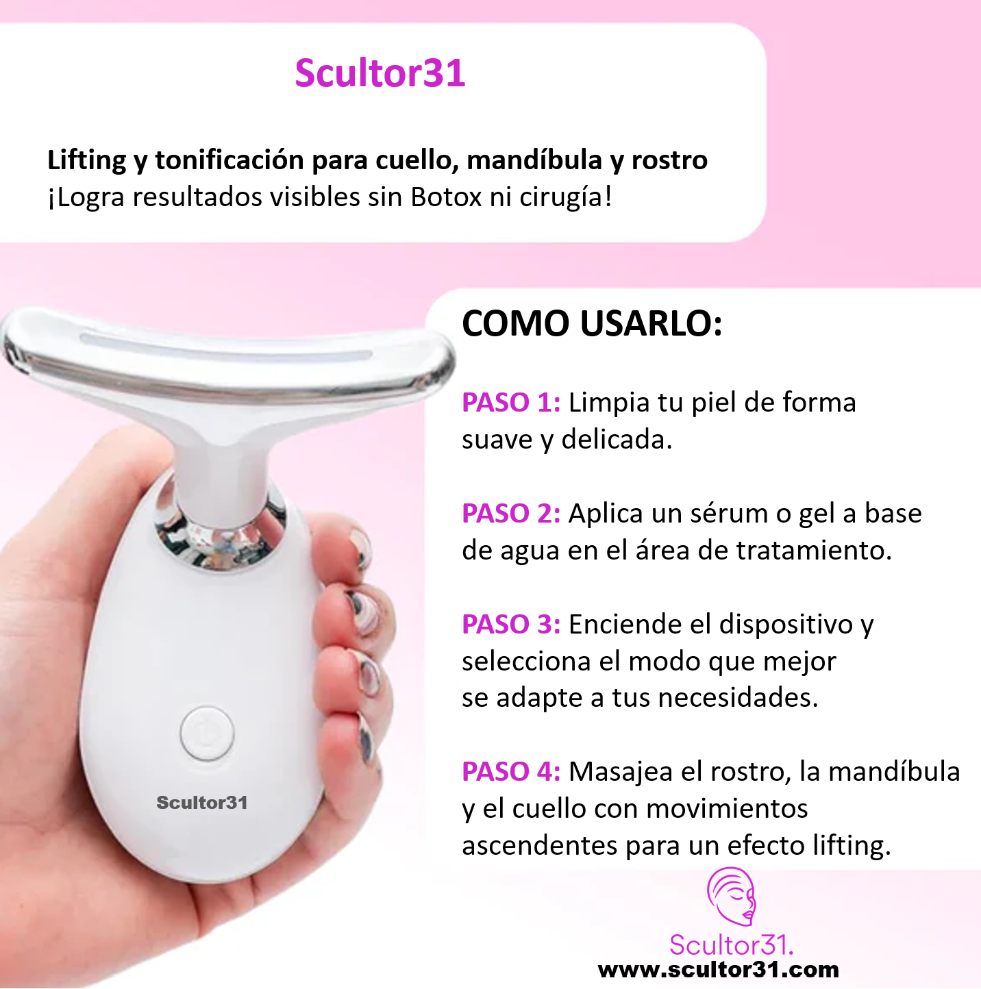 Scultor31™ | Tecnología Anti-Edad: Microcorrientes, Luz LED y Termoterapia para Rostro y Cuello